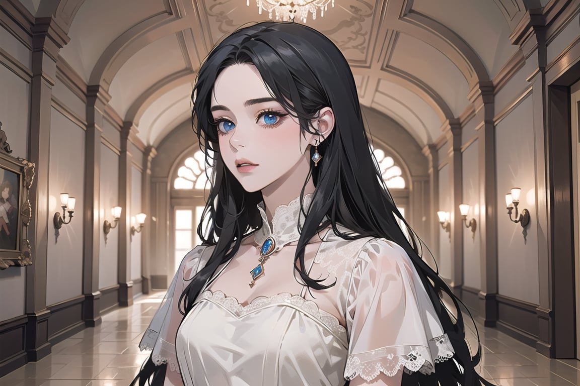 ((Black hair)), center parthair, straight long hair, blue eyes, Charm, wearing a ((Dress:1.2)), by Raphael, masterpiece, upper body shot, magnificent indoor hall, Herioce,1 girl