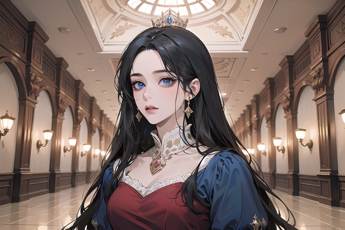 ((Black hair)), center parthair, straight long hair, blue eyes, Charm, wearing a ((royal red Dress:1.2)), by Raphael, masterpiece, upper body shot, magnificent indoor hall, Herioce,1 girl