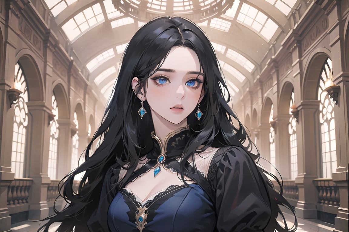 ((Black hair)), center parthair, straight long hair, blue eyes, wearing a ((Romanticism dress:1.2)), by Raphael, masterpiece, upper body shot, magnificent indoor hall, Herioce,1 girl