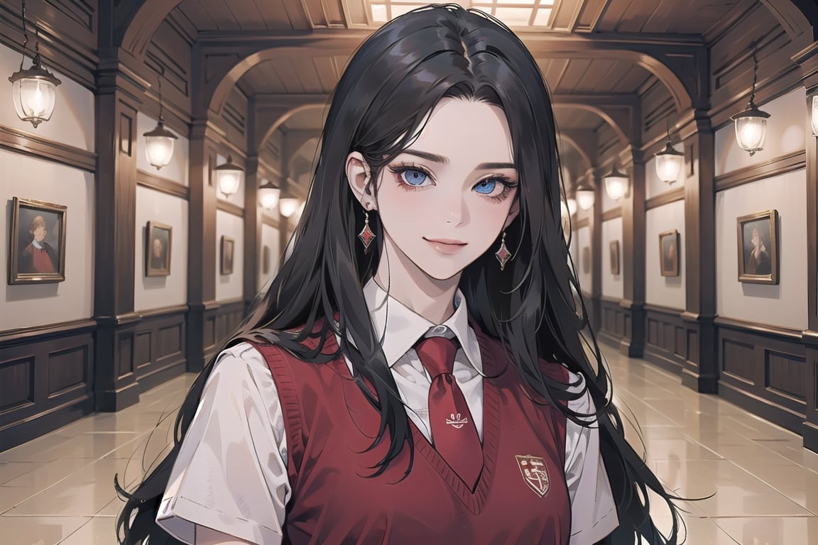 ((Black hair)), center parthair, straight long hair, blue eyes, smirk, wearing a ((school uniform)), red tie, short sleeve, by Raphael, masterpiece, upper body shot, magnificent indoor hall, Herioce,1 girl