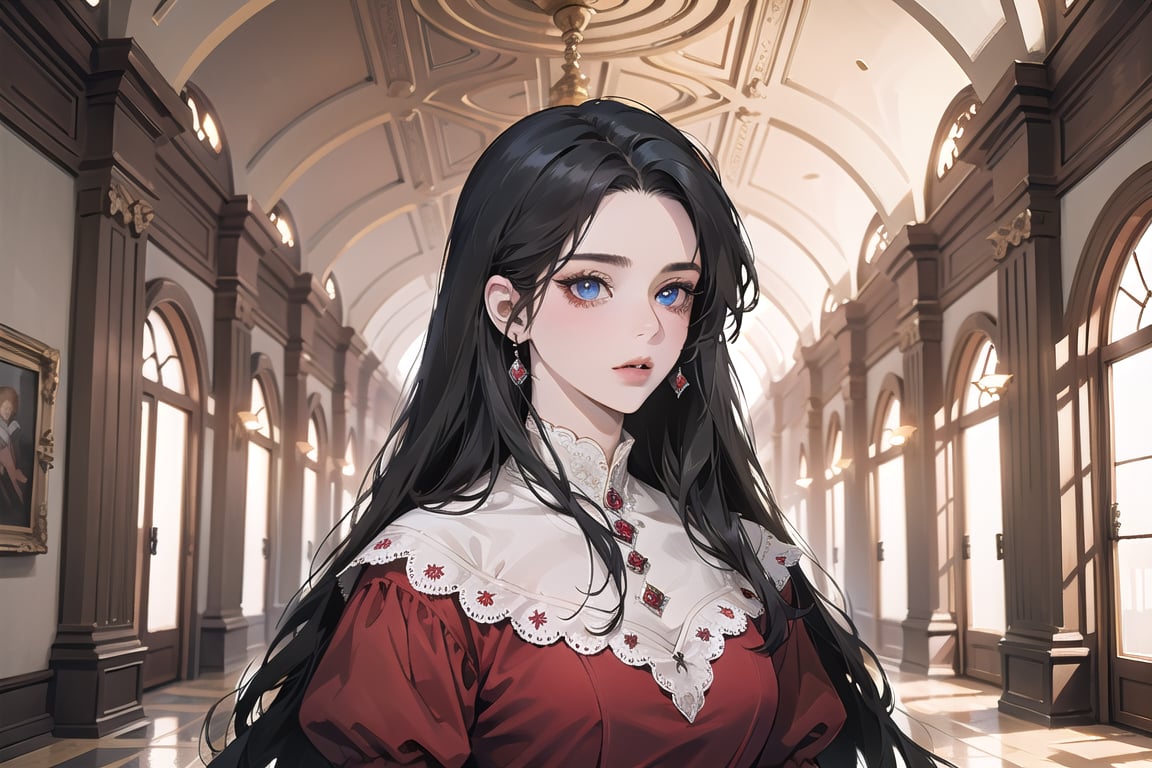 ((Black hair)), center parthair, straight long hair, blue eyes, Charm, wearing a ((Red Dress:1.2)), by Raphael, masterpiece, upper body shot, magnificent indoor hall, Herioce,1 girl