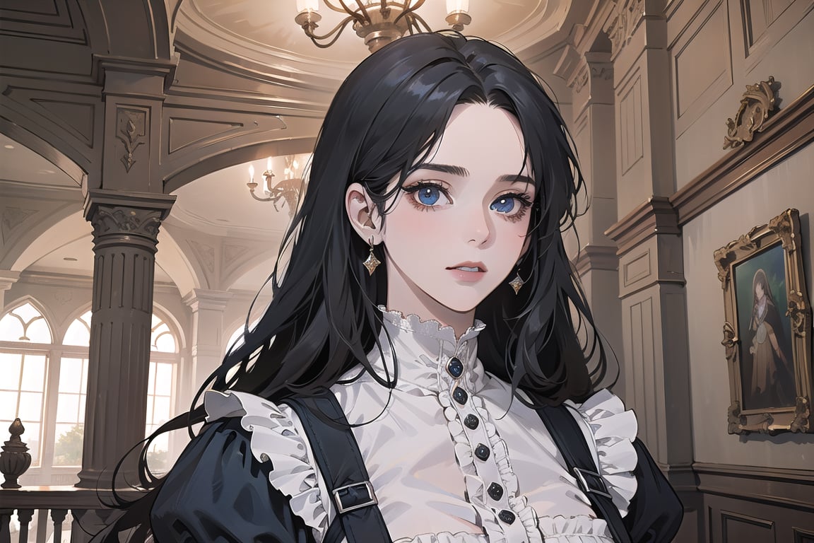 ((Black hair)), center parthair, straight long hair, blue eyes, Charm, wearing a ((Victorian dress:1.2)), by Raphael, masterpiece, upper body shot, magnificent indoor hall, Herioce,1 girl