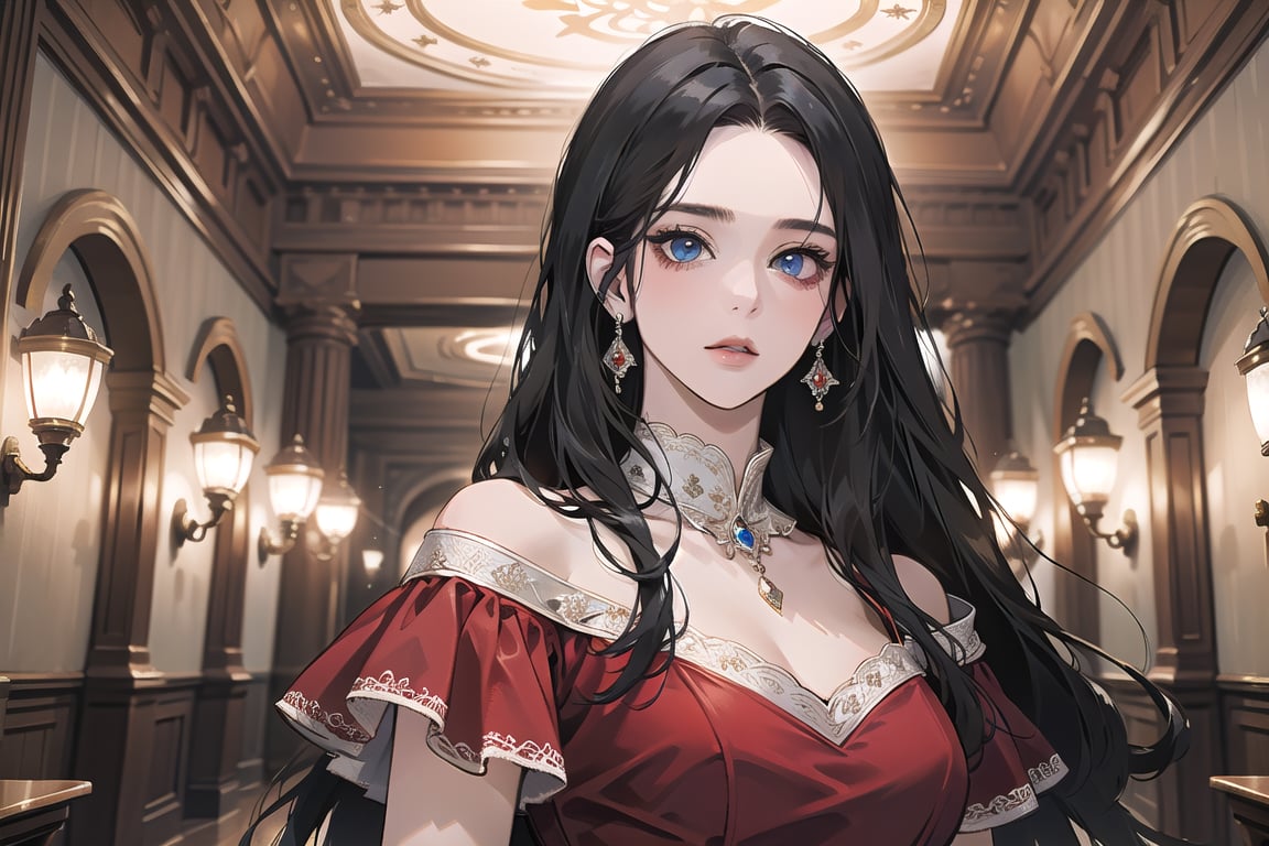 ((Black hair)), center parthair, straight long hair, blue eyes, Charm, wearing a ((Red Dress:1.2)), by Raphael, masterpiece, upper body shot, magnificent indoor hall, Herioce,1 girl