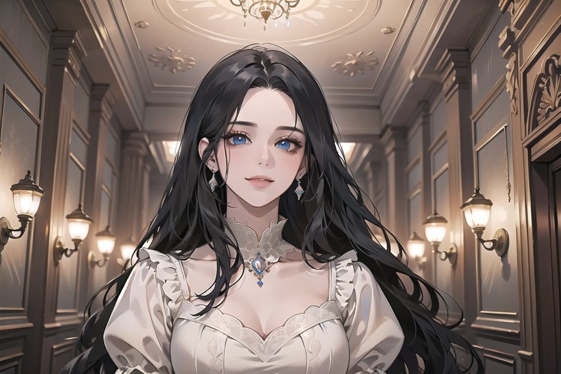 ((Black hair)), center parthair, straight long hair, blue eyes, smirk, wearing a ((Romanticism dress:1.2)), by Raphael, masterpiece, upper body shot, magnificent indoor hall, Herioce,1 girl