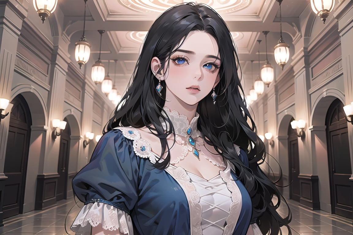 ((Black hair)), center parthair, straight long hair, blue eyes, Charm, wearing a ((Pink Dress:1.2)), lace, by Raphael, masterpiece, upper body shot, magnificent indoor hall, Herioce,1 girl