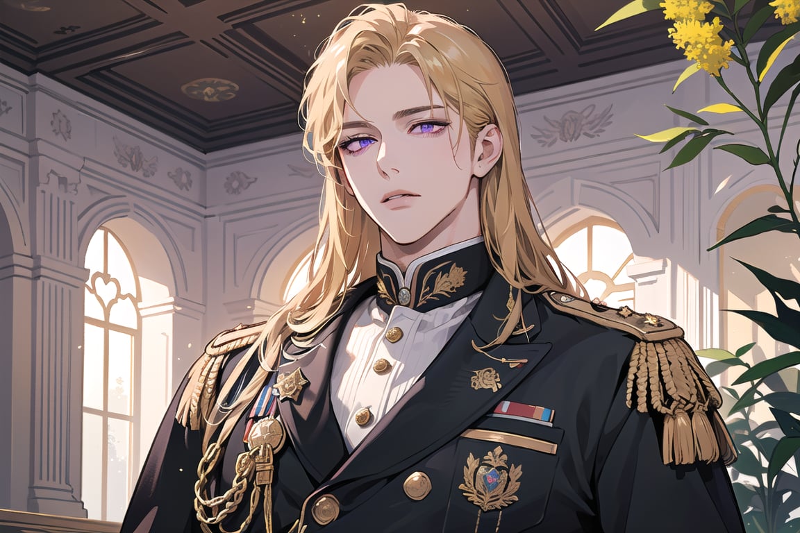 1 man, ((Goldenrod hair)), ((long straight hair)), (purple eyes), ((Medium score)), To reveal the forehead, handsome, angular jaw, thick neck, close mouth, royal, prince, upper body, male focus, (((military uniform:1.3))), long sleeve, by Raphael, masterpiece, upper body shot, magnificent indoor hall