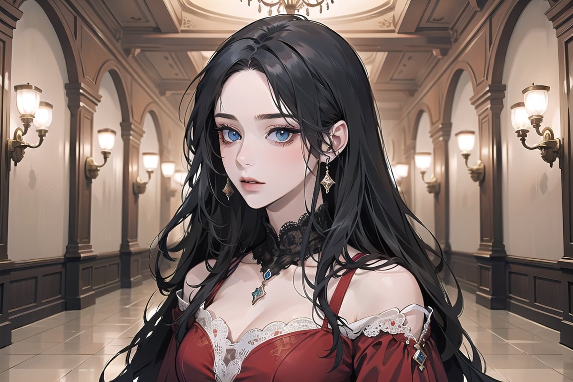 ((Black hair)), center parthair, straight long hair, blue eyes, Charm, wearing a ((Red Dress:1.2)), lace, by Raphael, masterpiece, upper body shot, magnificent indoor hall, Herioce,1 girl