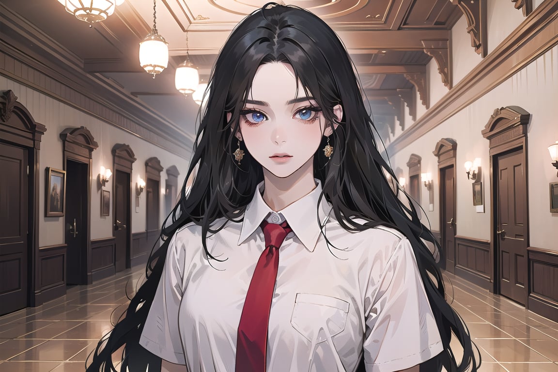 ((Black hair)), center parthair, straight long hair, blue eyes, evil amile, wearing a ((school uniform)), red tie, short sleeve, by Raphael, masterpiece, upper body shot, magnificent indoor hall, Herioce,1girl