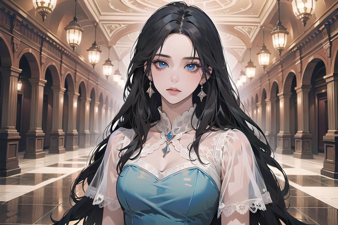 ((Black hair)), center parthair, straight long hair, blue eyes, Charm, wearing a ((Red:1.4)) ((Romanticism dress:1.2)), by Raphael, masterpiece, upper body shot, magnificent indoor hall, Herioce,1 girl