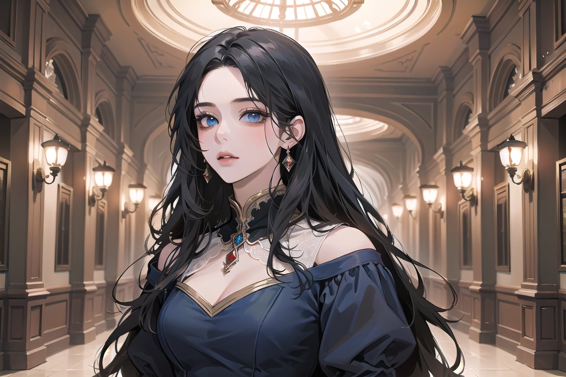 ((Black hair)), center parthair, straight long hair, blue eyes, Charm, wearing a ((Red:1.4)) ((Romanticism dress:1.2)), by Raphael, masterpiece, upper body shot, magnificent indoor hall, Herioce,1 girl