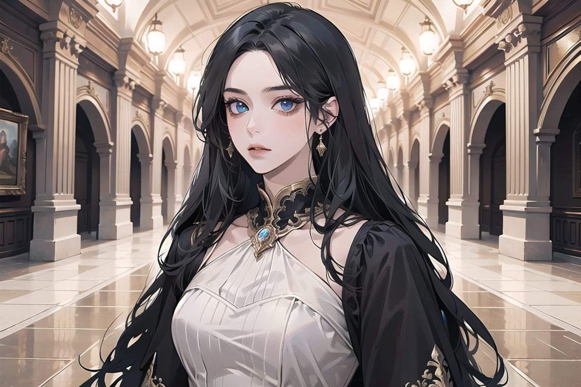 ((Black hair)), center parthair, straight long hair, blue eyes, Charm, wearing a ((Dress:1.2)), by Raphael, masterpiece, upper body shot, magnificent indoor hall, Herioce,1 girl