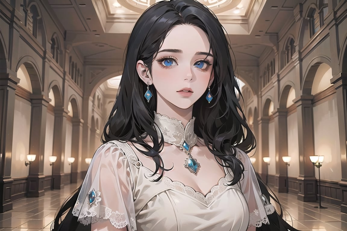 ((Black hair)), center parthair, straight long hair, blue eyes, Charm, wearing a ((Romanticism dress:1.2)), by Raphael, masterpiece, upper body shot, magnificent indoor hall, Herioce,1 girl