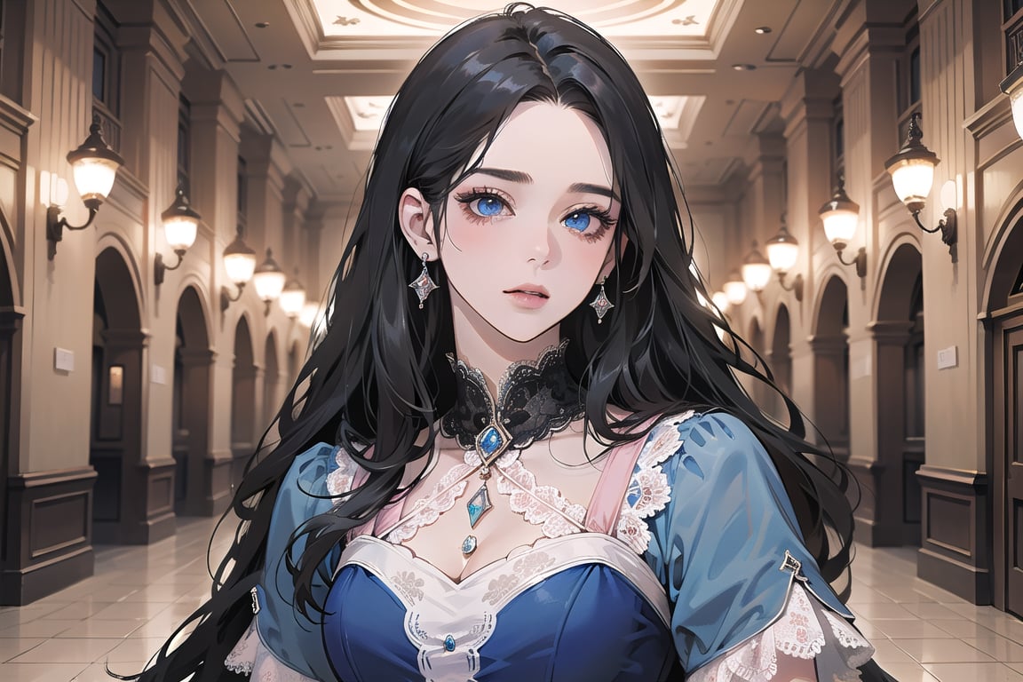 ((Black hair)), center parthair, straight long hair, blue eyes, Charm, wearing a ((Pink Dress:1.2)), lace, by Raphael, masterpiece, upper body shot, magnificent indoor hall, Herioce,1 girl