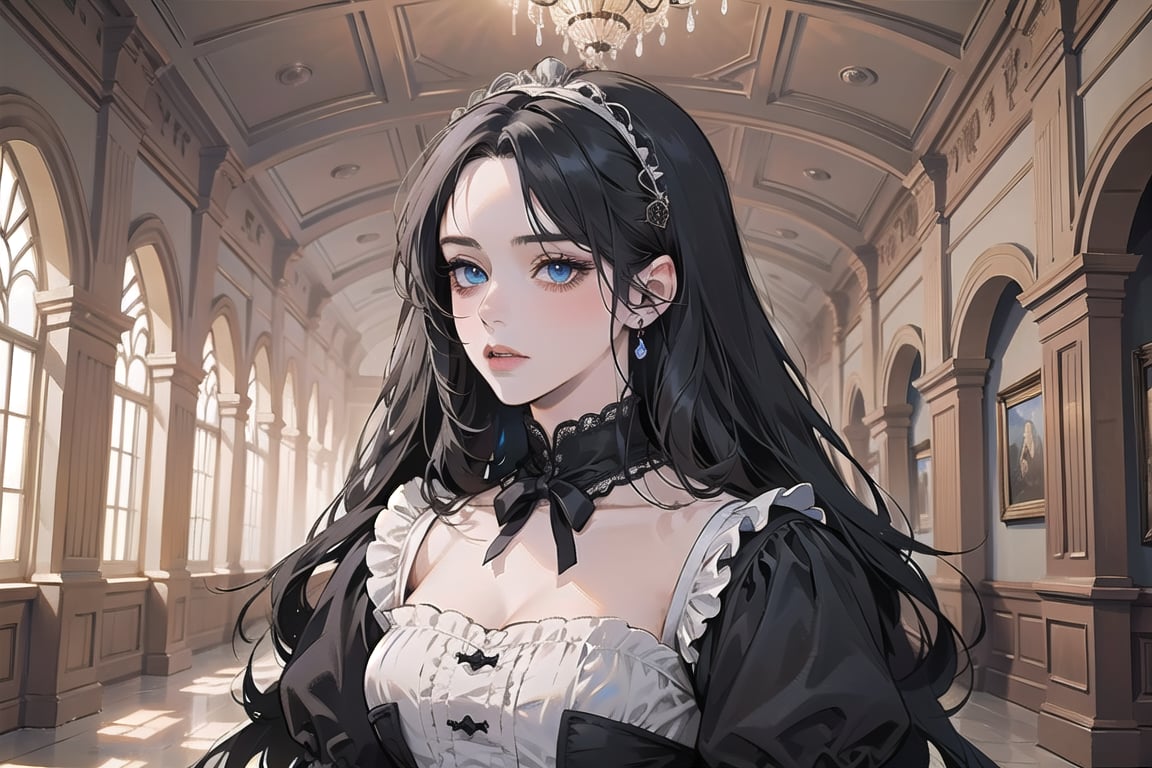 ((Black hair)), center parthair, straight long hair, blue eyes, Charm, wearing a ((Victorian dress:1.2)), by Raphael, masterpiece, upper body shot, magnificent indoor hall, Herioce,1 girl