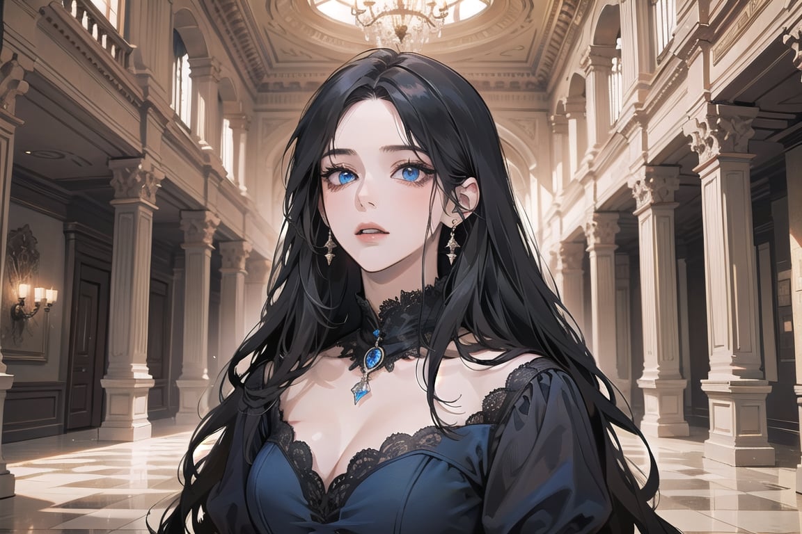 ((Black hair)), center parthair, straight long hair, blue eyes, Charm, wearing a ((Red:1.4)) ((Romanticism dress:1.2)), by Raphael, masterpiece, upper body shot, magnificent indoor hall, Herioce,1 girl