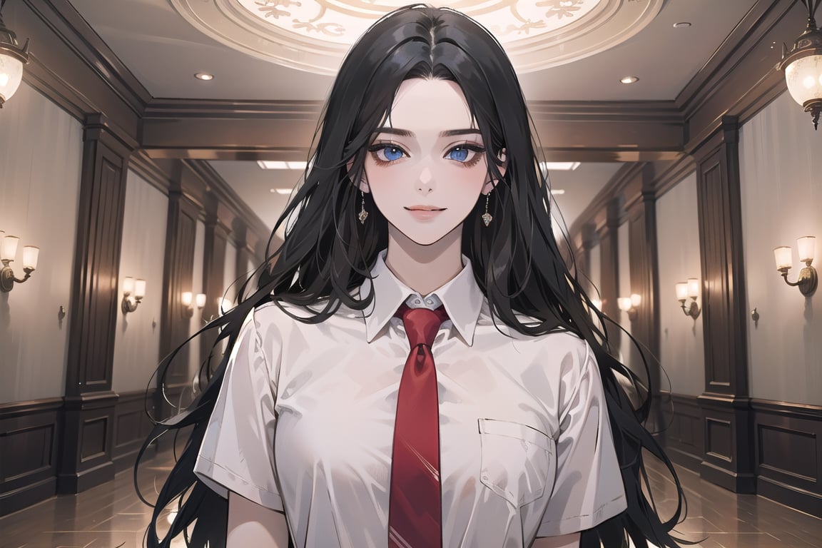 ((Black hair)), center parthair, straight long hair, blue eyes, smirk, wearing a ((school uniform)), red tie, short sleeve, by Raphael, masterpiece, upper body shot, magnificent indoor hall, Herioce,1 girl