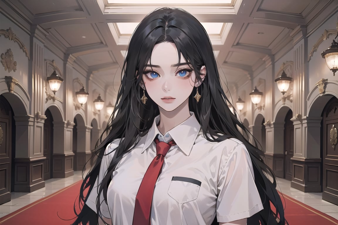 ((Black hair)), center parthair, straight long hair, blue eyes, evil amile, wearing a ((school uniform)), red tie, short sleeve, by Raphael, masterpiece, upper body shot, magnificent indoor hall, Herioce,1girl