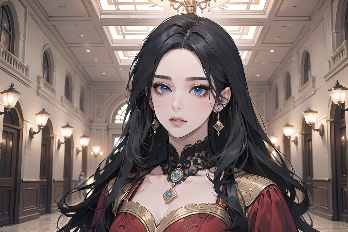 ((Black hair)), center parthair, straight long hair, blue eyes, Charm, wearing a ((Red Dress:1.2)), lace, by Raphael, masterpiece, upper body shot, magnificent indoor hall, Herioce,1 girl