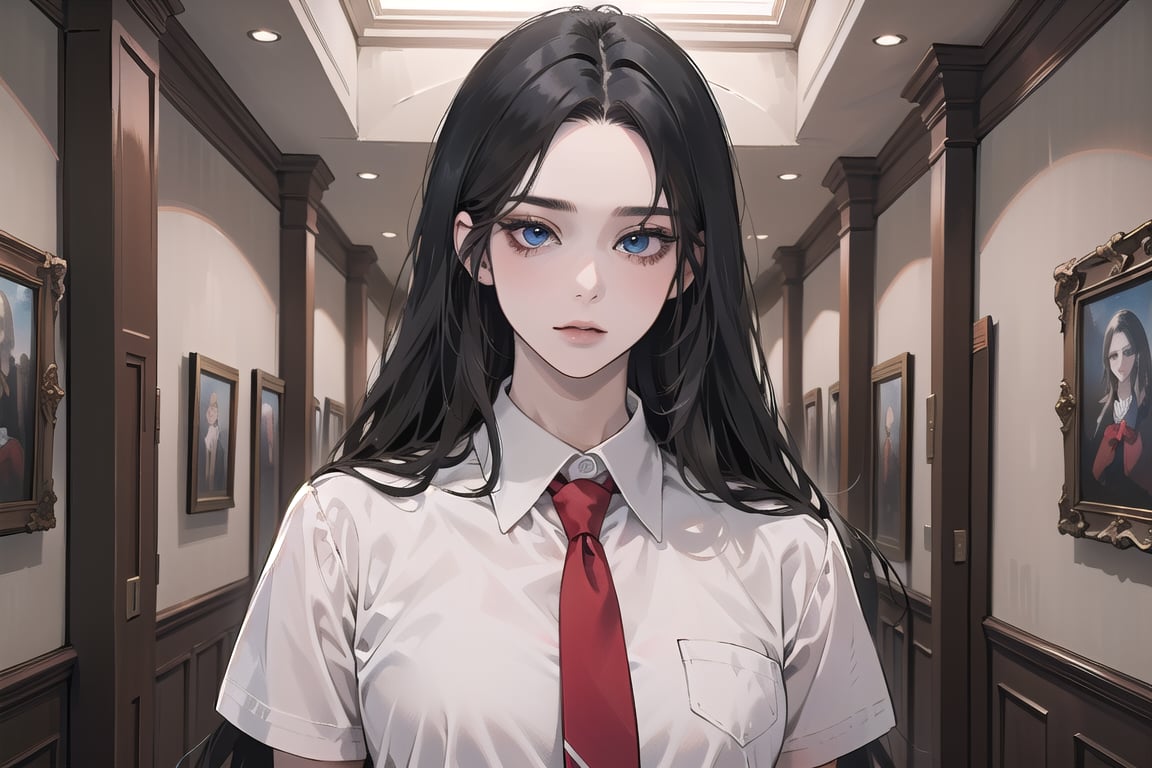 ((Black hair)), center parthair, straight long hair, blue eyes, evil amile, wearing a ((school uniform)), red tie, short sleeve, by Raphael, masterpiece, upper body shot, magnificent indoor hall, Herioce,1girl