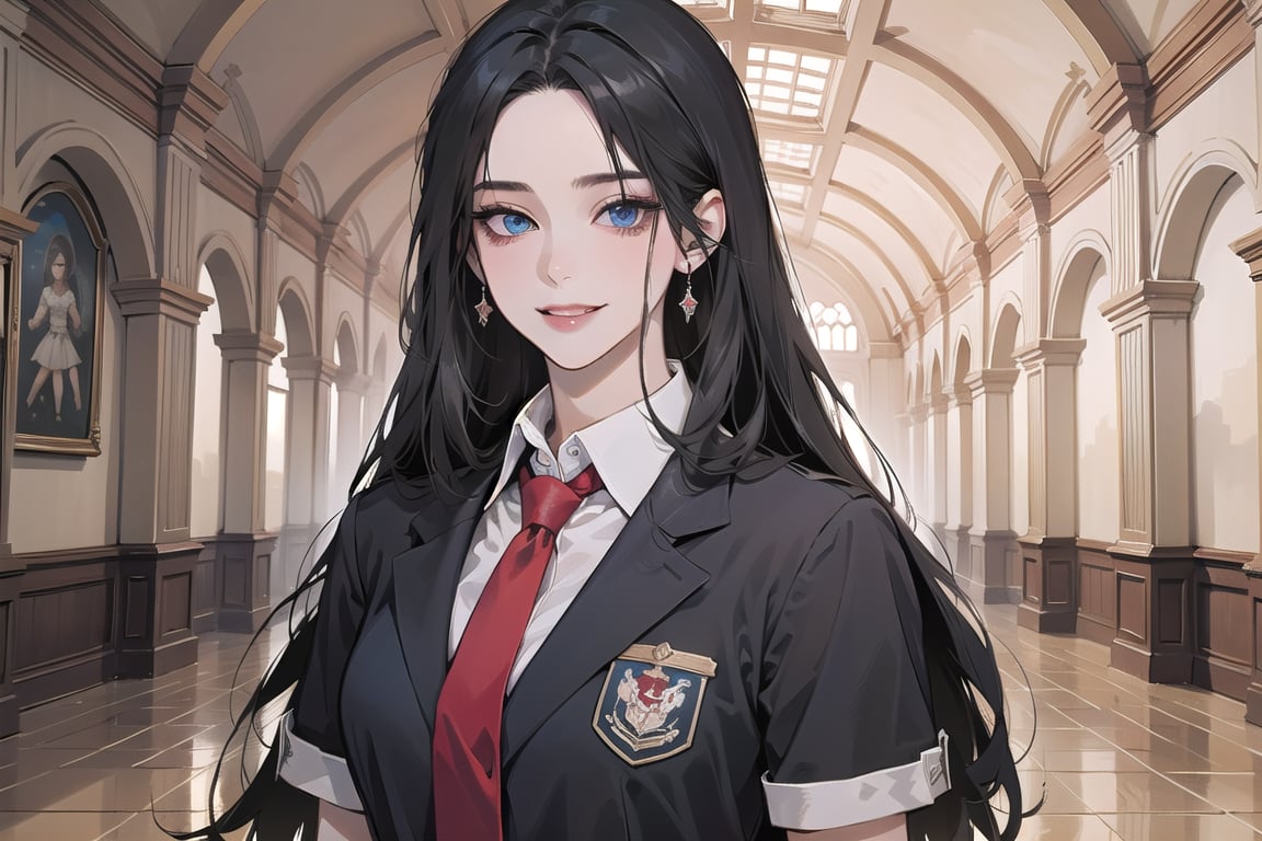 ((Black hair)), center parthair, straight long hair, blue eyes, evil smile, wearing a ((school uniform)), red tie, short sleeve, by Raphael, masterpiece, upper body shot, magnificent indoor hall, Herioce,1 girl