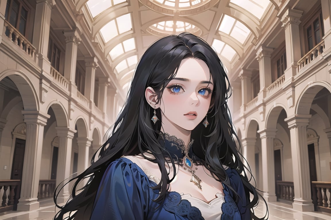 ((Black hair)), center parthair, straight long hair, blue eyes, Charm, wearing a ((Red)) ((Romanticism dress:1.2)), by Raphael, masterpiece, upper body shot, magnificent indoor hall, Herioce,1 girl