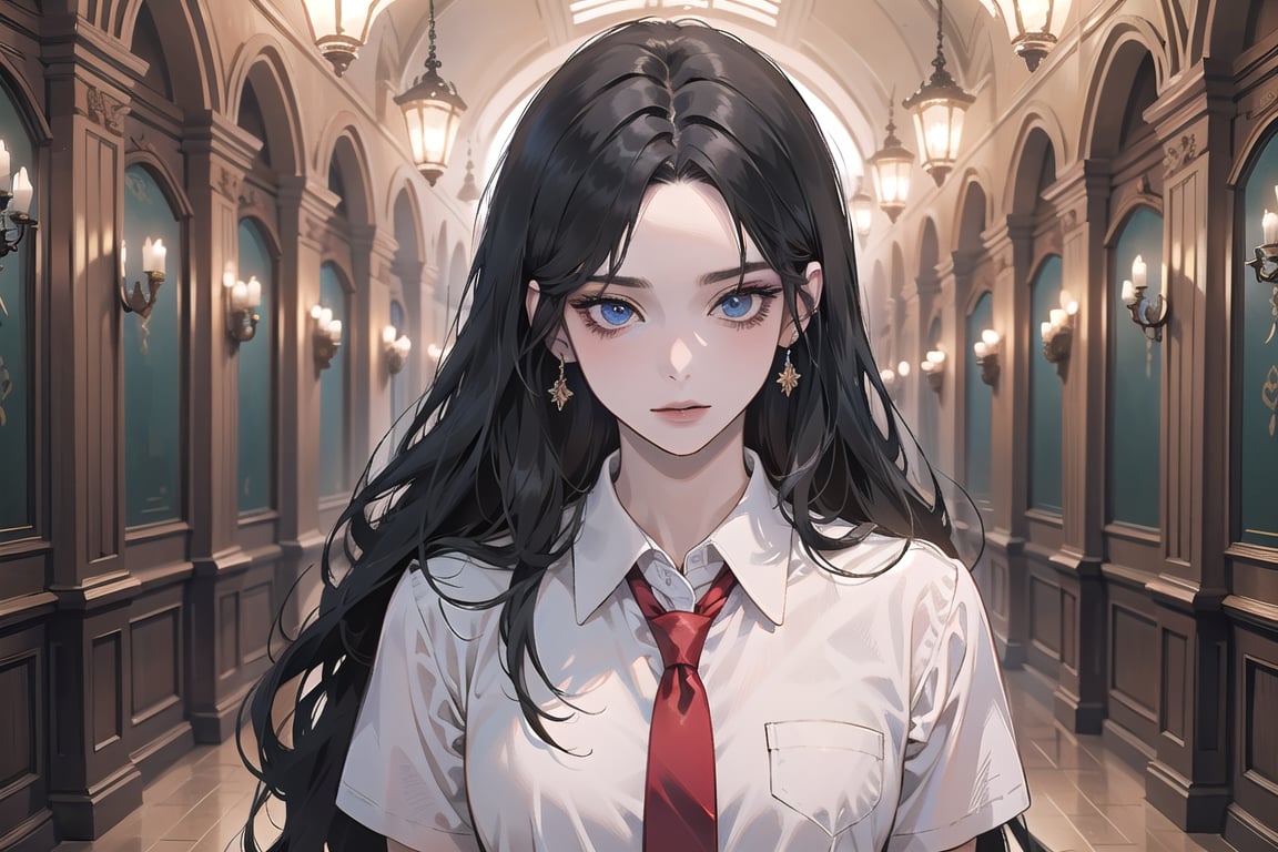 ((Black hair)), center parthair, straight long hair, blue eyes, evil amile, wearing a ((school uniform)), red tie, short sleeve, by Raphael, masterpiece, upper body shot, magnificent indoor hall, Herioce,1girl