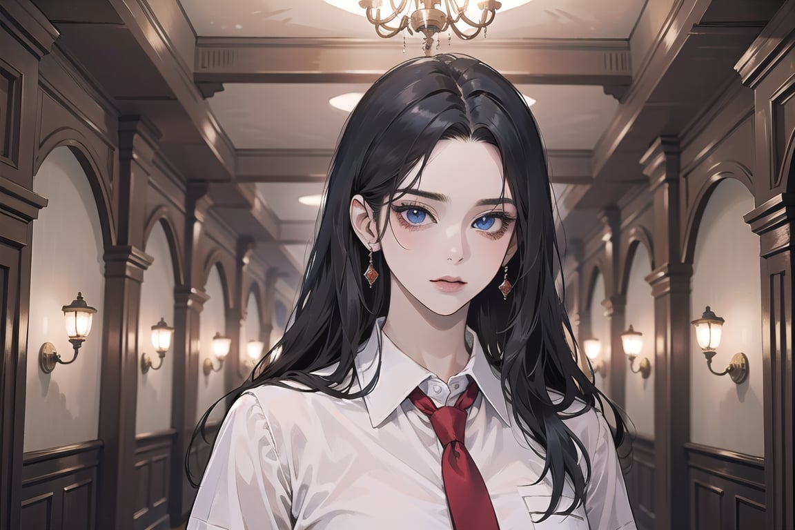 ((Black hair)), center parthair, straight long hair, blue eyes, evil amile, wearing a ((school uniform)), red tie, short sleeve, by Raphael, masterpiece, upper body shot, magnificent indoor hall, Herioce,1girl