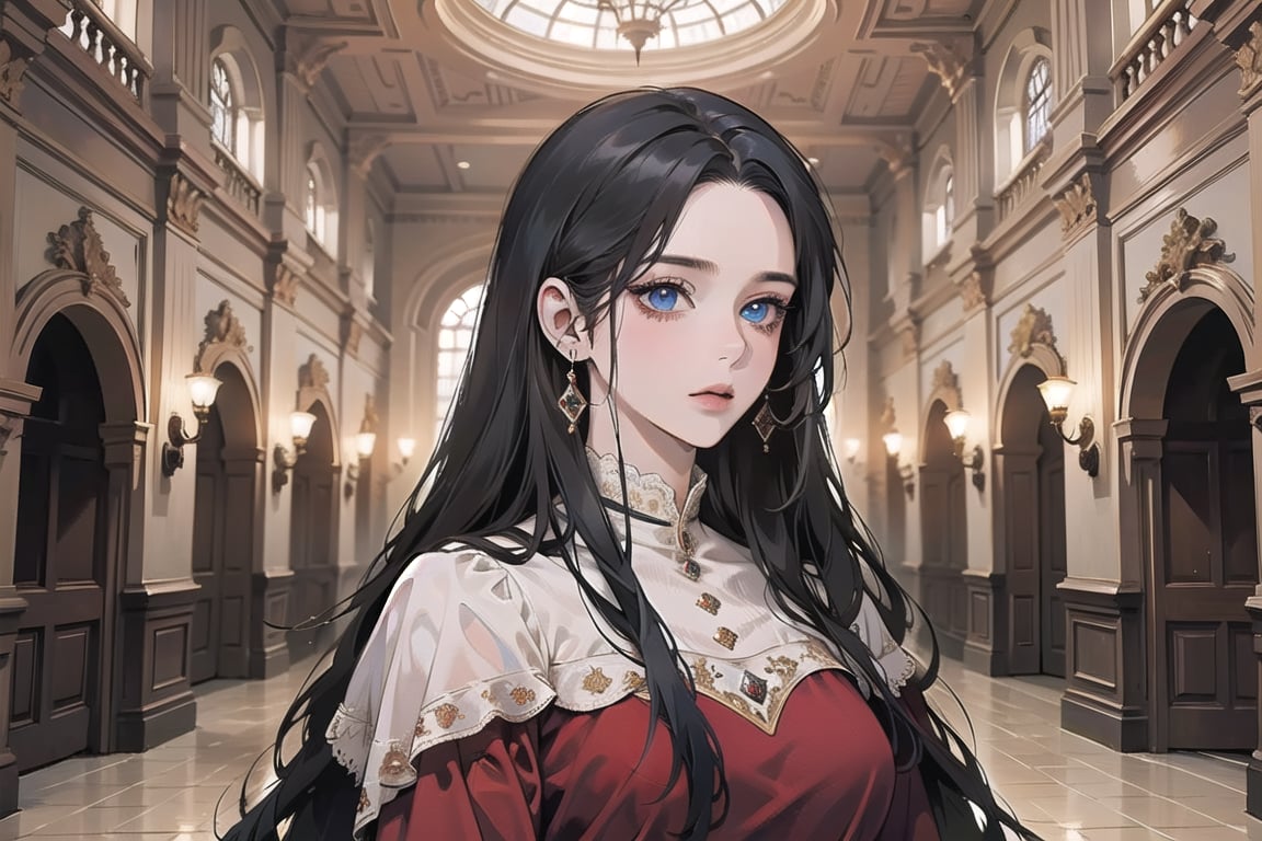 ((Black hair)), center parthair, straight long hair, blue eyes, Charm, wearing a ((Red Dress:1.2)), by Raphael, masterpiece, upper body shot, magnificent indoor hall, Herioce,1 girl