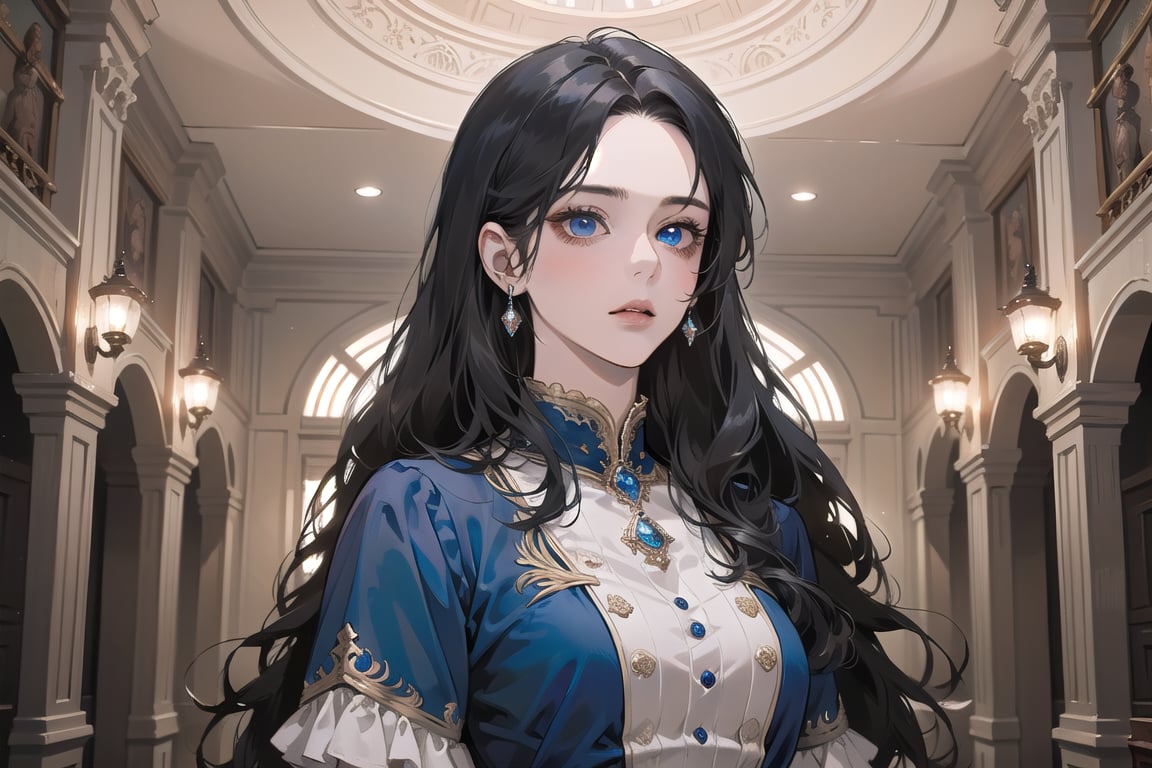 ((Black hair)), center parthair, straight long hair, blue eyes, Charm, wearing a ((Red)) ((Romanticism dress:1.2)), by Raphael, masterpiece, upper body shot, magnificent indoor hall, Herioce,1 girl