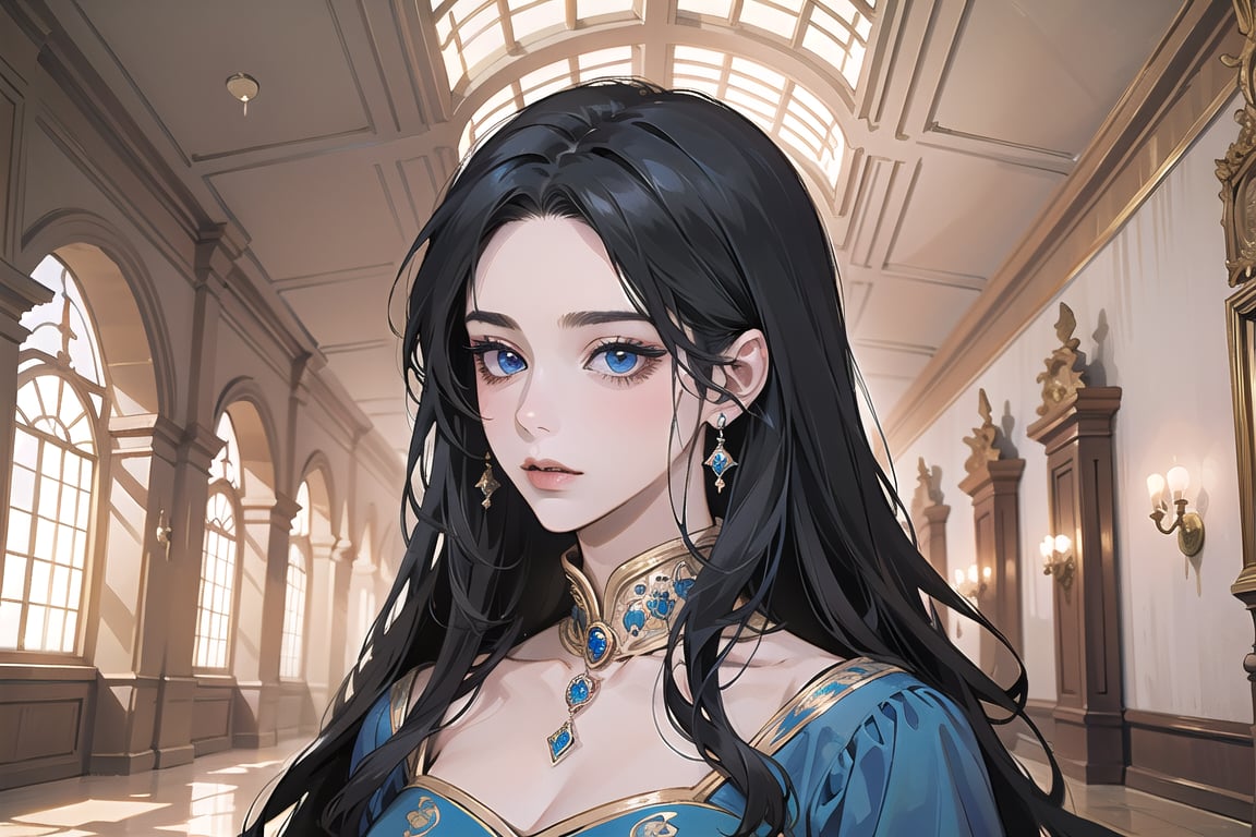 ((Black hair)), center parthair, straight long hair, blue eyes, Charm, wearing a ((royal Dress:1.2)), by Raphael, masterpiece, upper body shot, magnificent indoor hall, Herioce,1 girl