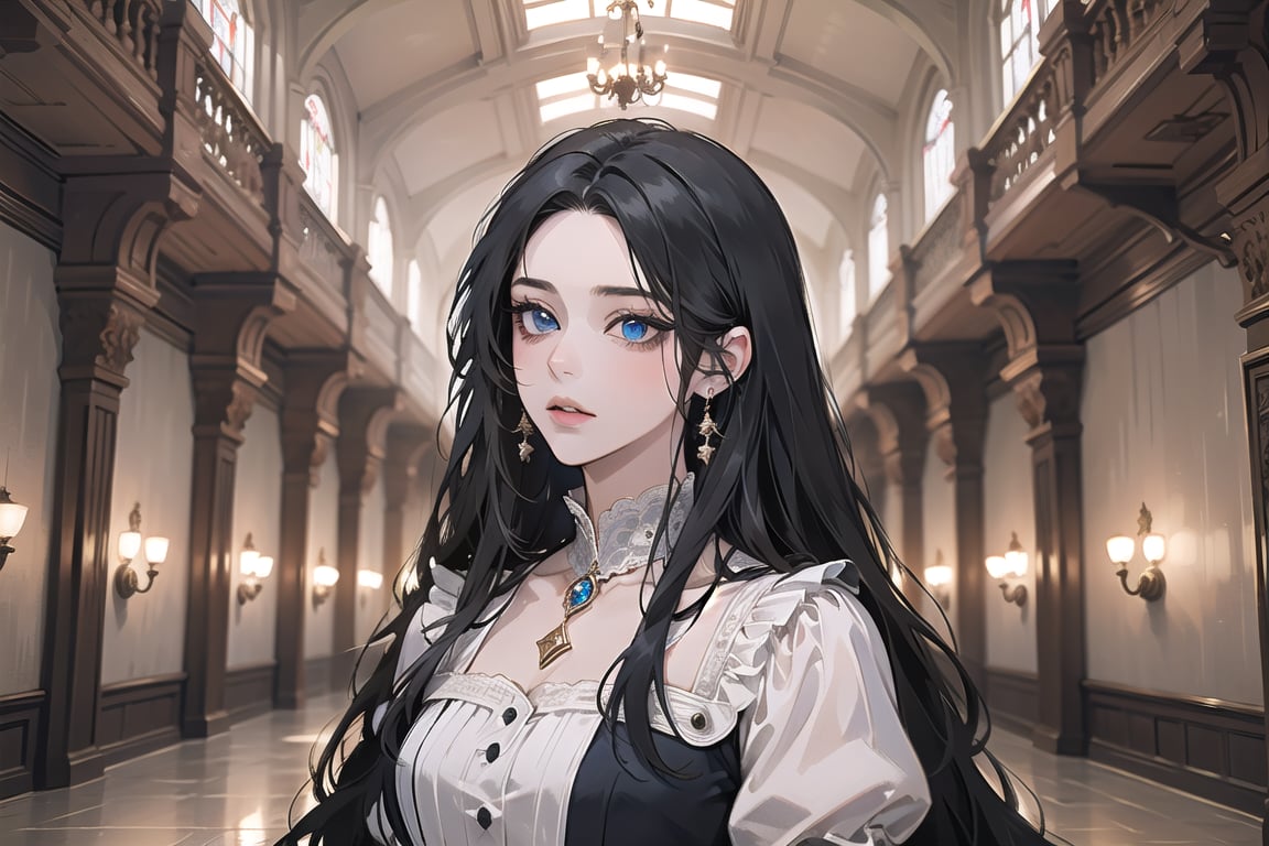 ((Black hair)), center parthair, straight long hair, blue eyes, Charm, wearing a ((Dress:1.2)), by Raphael, masterpiece, upper body shot, magnificent indoor hall, Herioce,1 girl