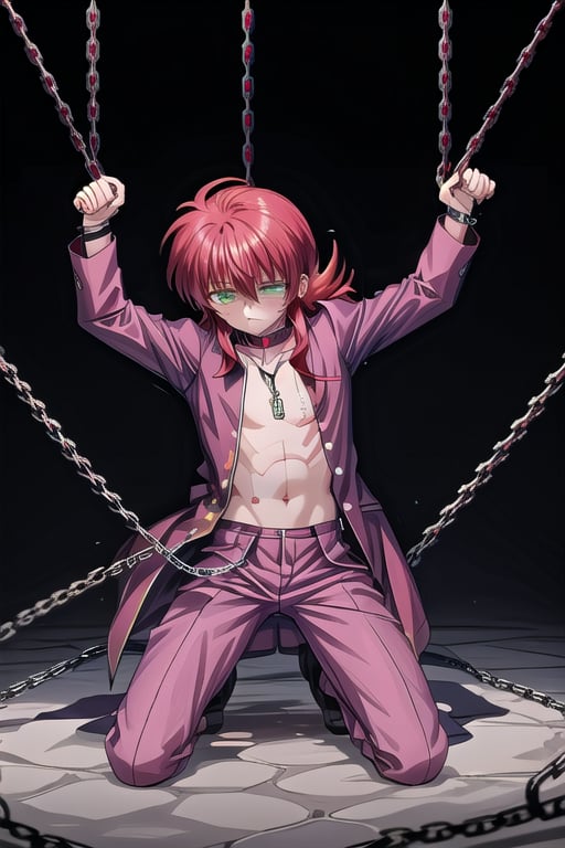 1boy, solo, red hair, long hair, green eyes, Kurama ,

kuramastd, pink school uniform, pink uniform,
tied, chains, prison, 
(Open clothes, unbuttoned)
torn clothes, injury, pained expression,
hang arms, kneeling pose,chain on neck, chain on hands,
chained_up,