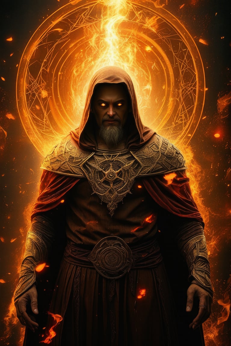 Extreme full body portrait of a heaven wizard the Lord of Light, complex construction, Abstract background with chaotic intersected relief circles pattern over old gold texture, 12K, HD, hyper detailed in burning hell, (piercing flame eyes)+, vibrant colors, masterpiece, 12K, UHD, upperbody portrait, depth of field, 12K, HD, ultra high definition,