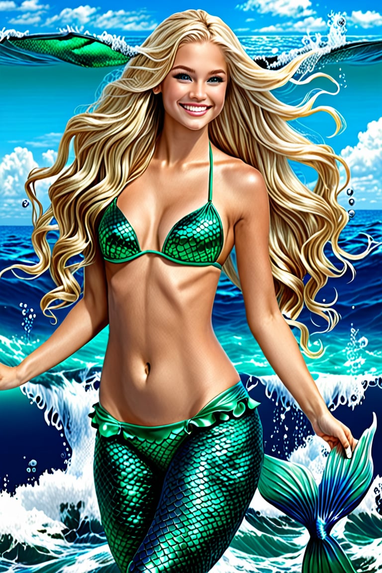 Create a photo Realistic fantasy art of a deep ocean, mermaid, emerald bikini, long blond hair, smiling face, happy face, facing away, ocean background, more ocean objects.