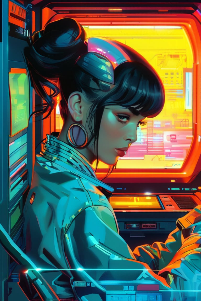 Sony play station 1 style (by Loish, Leyendecker, James Gilleard), beautiful pinup girl, leaning back, cute face, anatomically_correct, (sexy and aesthetic), (cybernetic, cyborg:0.3), 1970s theme and color pallete, retro futuristic, space ship interior background, cyberpunk, txznmec,