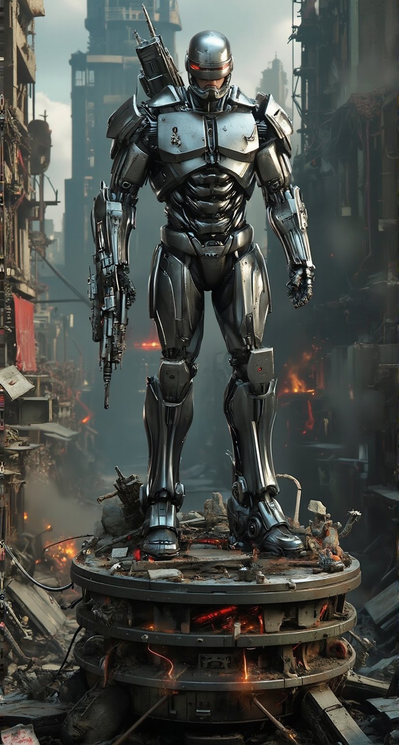 Here is your prompt:

A gritty, high-contrast composition frames RoboCop standing resolute on the circular foundation crafted from Lockdown's ship wreckage. The metallic figure flexes its arms, one hand grasping his iconic weapon, as it assumes a defensive stance with feet planted apart. Glistening mechanical joints in its limbs convey coiled strength, like a spring ready to unleash fury. RoboCop's unwavering resolve is illuminated against the apocalyptic backdrop of crumbling buildings, twisted metal, and ruined streets.