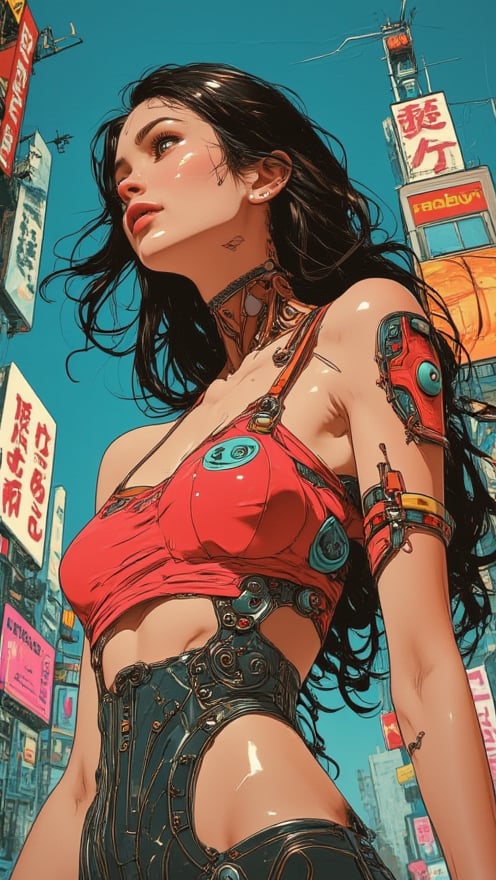 (by Loish, Leyendecker, James Gilleard), 1970s theme and color pallete, A sultry pinup girl posed seductively in a cyberpunk backdrop. She leans back, her luscious locks cascading down her toned physique, as she showcases her ample bust. Her adorable features beam with a passionate smile, drawing attention to her bright, anime-inspired eyes. The anatomically correct curves of her body are framed by the neon-lit cityscape's gritty textures and futuristic architecture, creating a visually stunning contrast between old-school charm and high-tech futurism.