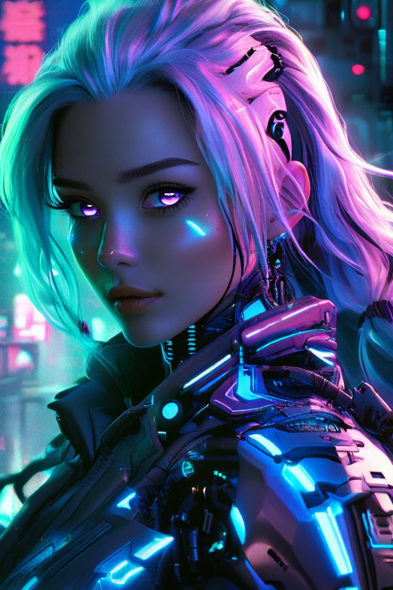 beautiful pale cyberpunk female, hyper detail, cinematic lighting, purple hair, emerald neon light city, 4k, trending on artstation, pixiv, perfect detail,  Artstation illustrators, intricate details, face, passion smile, full body portrait, headshot, illustration, UHD, 4K, high resolution face, detailed face, high definition eyes, detailed eyes,cyberpunk style, cute face, anatomically correct, (sexy and aesthetic), (cybernetic, cyborg), color pallete, retro futuristic, space ship interior background, cyberpunk.