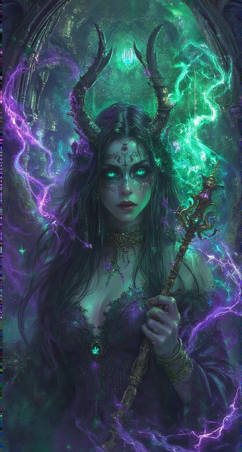 In ZloyOrk's surreal masterpiece, a bewitching sorceress emerges from a swirling vortex of purple and green mist, her face a canvas of intricate, ornate makeup and piercing emerald eyes that seem to hold the secrets of the cosmos. Her raven-black hair cascades like a waterfall down her back, as she stands poised in a dramatic pose, one hand grasping a staff that crackles with ancient power. The dark, gothic architecture of a mystical forest looms behind her, lit by an otherworldly glow that seems to emanate from the very air itself.