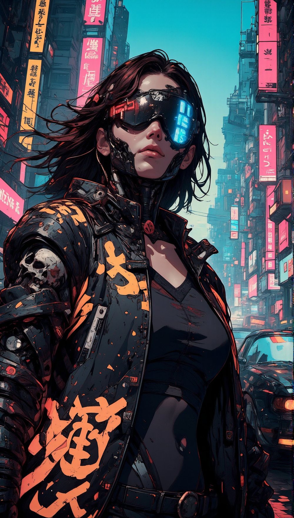 Masterpiece, professional, award-winning, intricate details, ultra high detailed, 64k, volumetric light, dynamic lighting, Movie Aesthetic, action shot, comic book panels by Travis Charest and Phil Noto (colored). A gritty cyberpunk cityscape at sunrise, neon hues reflecting off rain-soaked streets. Main focus on the Car In the style of Hideo Kojima, superb detail, It must not be commonplace, Must have a very complex structure, Must have a very high degree of randomness, Must be an image that no one has ever seen before, It has to be very original, Must have tremendous detail, It has to be of the highest artistic quality, It has to be the ultimate, Failure is not an option. A female cyborg samurai assassin,  a pirate patch over one eye. Her face obscured by flowing long hair whipping around skull-like features, she gazes out at the city's awakening chaos. The high-contrast motorcycle jacket emblazoned with glowing Japanese writing hums with energy, wires and nano-tech implants snaking across her shoulders like veins. Dark attire, as a skull-adorned sleeve serves as a gruesome reminder of her deadly profession. Standing next to the car. 