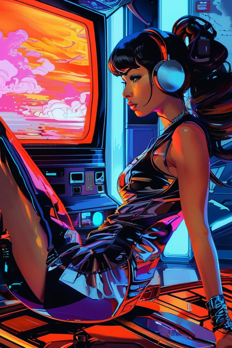 Sony play station 1 style (by Loish, Leyendecker, James Gilleard), beautiful pinup girl, leaning back, cute face, anatomically_correct, (sexy and aesthetic), (cybernetic, cyborg:0.3), 1970s theme and color pallete, retro futuristic, space ship interior background, cyberpunk, txznmec,