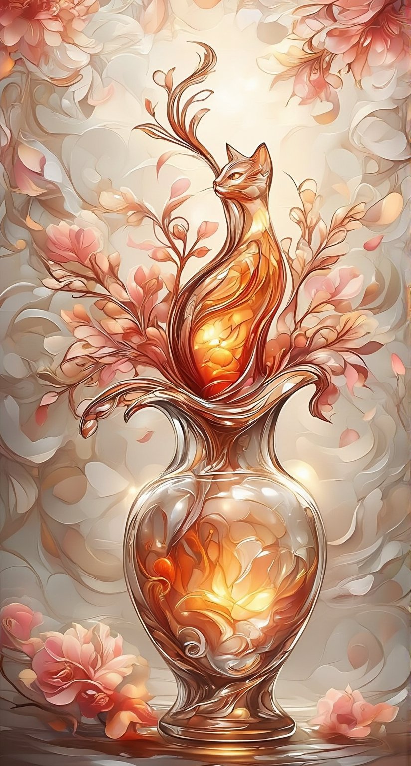 In a serene tableau, a delicate crystal glass vase sits atop an abstract background of swirling relief circles on worn paper texture. A mesmerizing liquid cat, crafted from marbled orange and white fluid, flows into a feline silhouette with gentle wavy motion, its large eyes and long tail adding allure. Soft pink petals from pastel flowers drift around the vase, set against a soft gradient. Thin anime-inspired lines and vibrant hues bring forth glossy textures in 8K resolution, exuding best quality, sharp focus, and peaceful serenity.