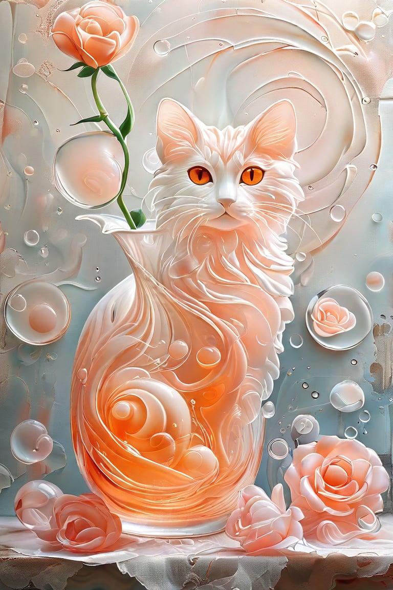 In a serene tableau, a delicate crystal glass vase sits atop an abstract background of swirling relief circles on worn paper texture. A mesmerizing liquid cat, crafted from marbled orange and white fluid, flows into a feline silhouette with gentle wavy motion, its large eyes and long tail adding allure. Soft pink petals from pastel flowers drift around the vase, set against a soft gradient. Thin anime-inspired lines and vibrant hues bring forth glossy textures in 8K resolution, exuding best quality, sharp focus, and peaceful serenity.