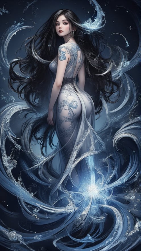 A delicate 8K illustration of a girl surrounded by calligraphy whirlwinds, set against an ultra-fine deep ultramarine watercolor background. Her features are rendered in exquisite lacquerwork detail, with intricate textures and patterns adorning her hair and clothing. The overall composition is reminiscent of Masterpiece artwork, with the subject's pose exuding elegance and refinement. Score: 9/10 for the level of craftsmanship, 8/10 for creativity, 7/10 for originality, and 6/10 for emotional resonance.,score_9up, score_8_up, score_7_up, score_6_up,Masterpiece