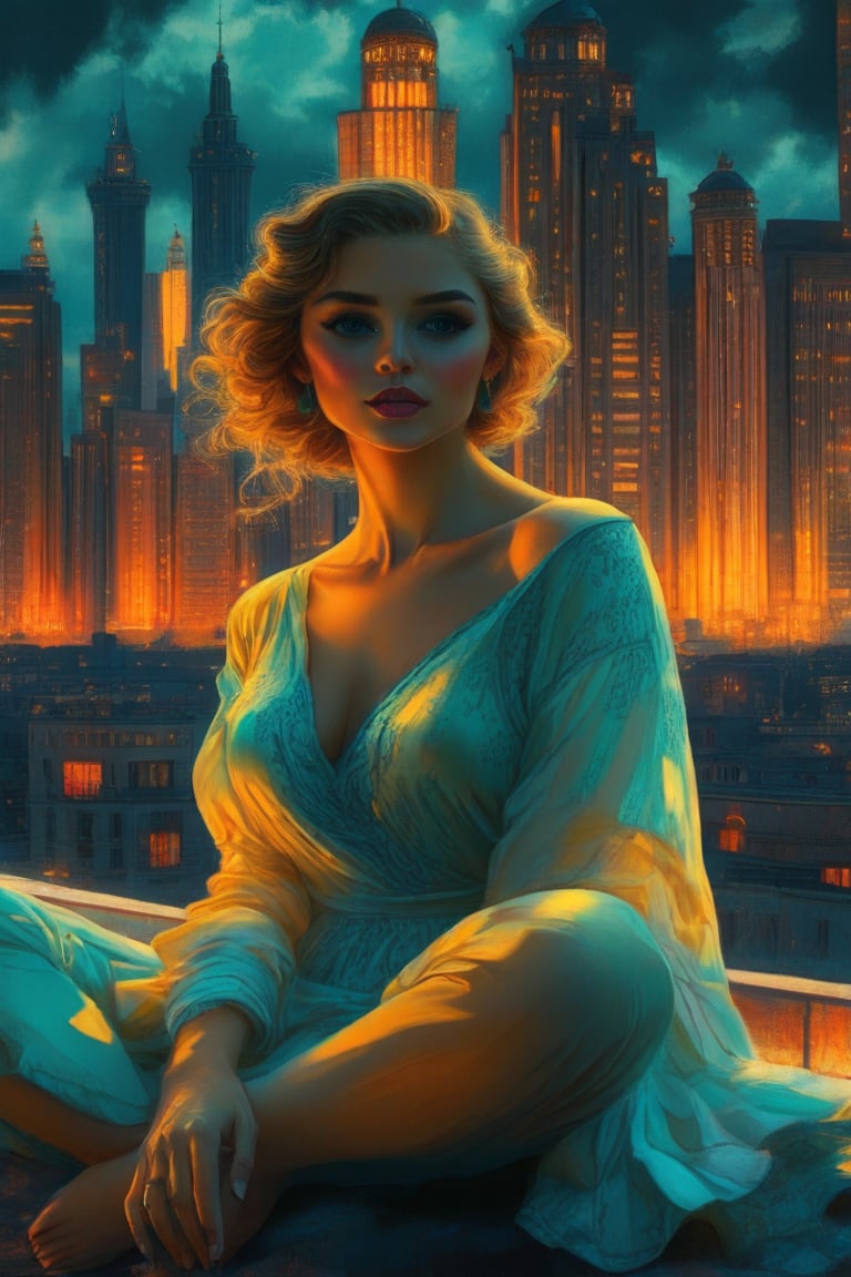 A mesmerizing beautiful woman sits amidst a surreal cityscape with volumetric shadows in warm, dreamy light. Multicolored hair flows like a tapestry, with blue eyes shining like sapphires. One hand in her hair (fingers not seen), while the other grasps a vintage globe (fingers not seen) on a matte background. The pose is eccentric, framed by cinematic organic lines reminiscent of Gustav Klimt's Art Nouveau style. Bohemian and shabby chic elements blend with industrial and art deco touches, evoking 1920s retrofuturism. The hybrid being is the center of attention, surrounded by a wet gouache painting-style cityscape with bold gradients and dynamic shadows.