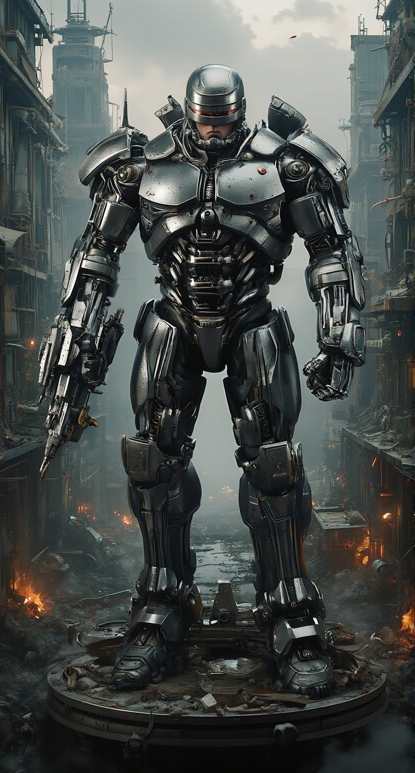 Here is your prompt:

A gritty, high-contrast composition frames RoboCop standing resolute on the circular foundation crafted from Lockdown's ship wreckage. The metallic figure flexes its arms, one hand grasping his iconic weapon, as it assumes a defensive stance with feet planted apart. Glistening mechanical joints in its limbs convey coiled strength, like a spring ready to unleash fury. RoboCop's unwavering resolve is illuminated against the apocalyptic backdrop of crumbling buildings, twisted metal, and ruined streets.