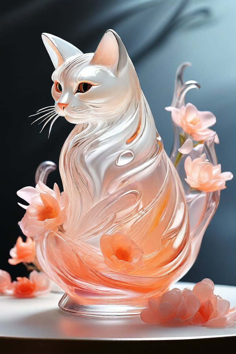 Immerse yourself in a breathtaking scene: an elegant crystal glass vase, its graceful curves showcasing a mesmerizing liquid cat, formed by marbled orange and white fluid swirling into a feline silhouette with wavy motion. Large eyes and long tail complete the cat's allure. Soft pink petals from pastel flowers float around the vase, set against a gentle gradient background. Anime-inspired thin linework and vibrant colors bring forth glossy textures, hyper-detailed in 8K resolution. This masterpiece exudes best quality, sharp focus, and watery serenity.