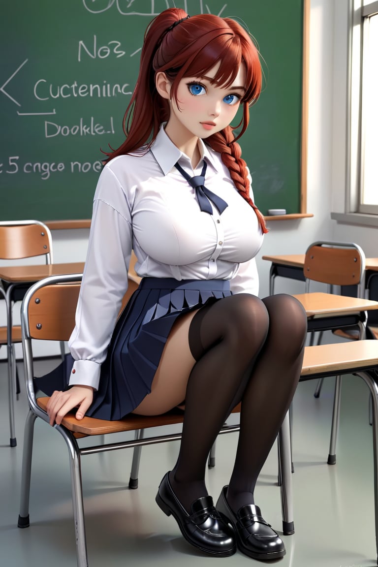  looking at viewer, 1girl, solo, long hair, breasts, bangs, skirt, large breasts, shirt, long sleeves, cleavage, sitting, very long hair, closed mouth, underwear, school uniform, blue eyes, full body, white shirt, red hair, braid, pantyhose, pleated skirt, shoes, alternate costume, collared shirt, indoors, black skirt, bag, black footwear, bra, mole, feet, legs, mole under eye, toes, no shoes, soles, black bra, loafers, foreshortening, white pantyhose, thighband pantyhose, school bag, braided ponytail, foot focus, shoes removed, chalkboard, raiden shogun, (((neon theme))), dark theme, vivid color, masterpiece, best quality, amazing quality, very aesthetic, absurdres, depth of field, score_9, score_8, score_7, score_6