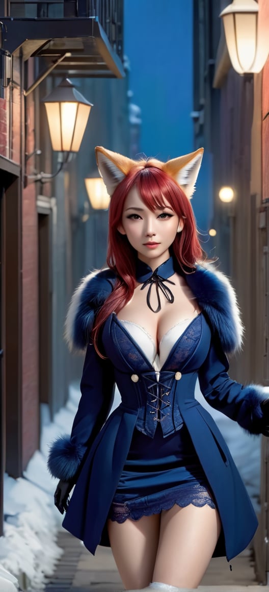 kitsune, red hair, red fur, open jacket, corset dress (over breast, deep blue, modern style), boots (thigh high, lace up the side, low heels, modern style), tails (fox, six in total), D cup breasts, shapely, adventurer, modern clothing, photorealistic, walking along a darkened fantasy alley way, furry female, night, no winsows, no light fixtures, Expressiveh, dark theme, small pile of snow