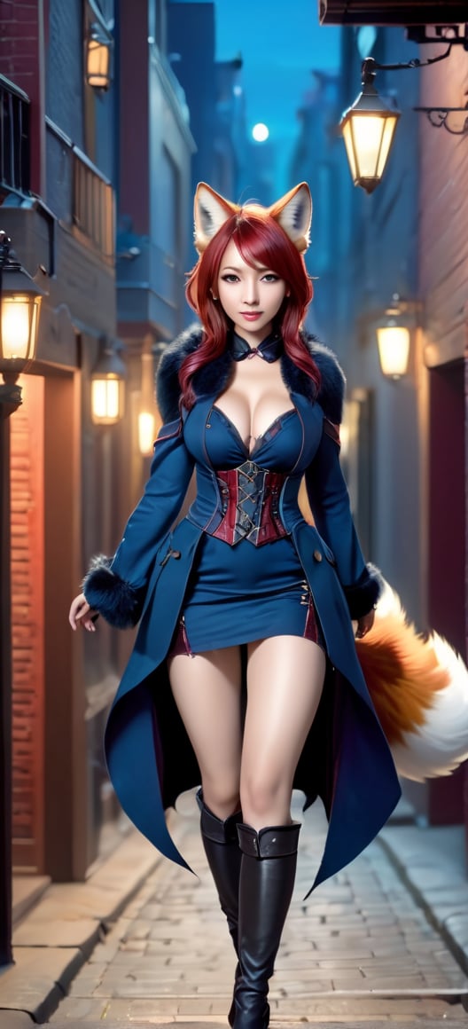 kitsune, red hair, red fur, open jacket, corset dress (over breast, dark blue), boots (thigh high, low heels, leather), tails (fox, six in total), D cup breasts, shapely, adventurer, low, western fantasy stiled buildings, D&D, photorealistic, walking along a darkened fantasy alley way, furry female, night, no winsows, no light fixtures, Expressiveh, dark theme,